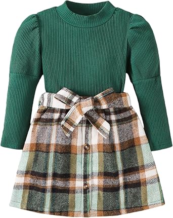 Kucnuzki Toddler Baby Girl Fall Winter Clothes Long Sleeve Ribbed Shirt Top Corduroy Mini Skirt Plaid A-line Dress Outfit
