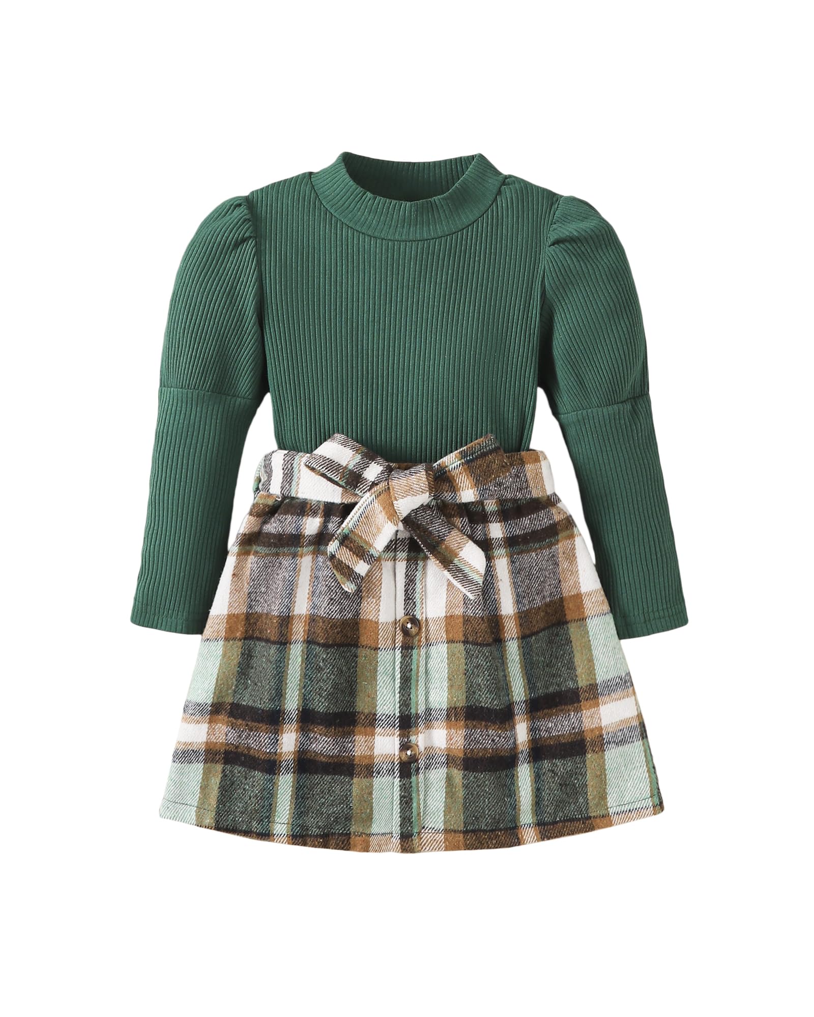 Kucnuzki Toddler Baby Girl Fall Winter Clothes Long Sleeve Ribbed Shirt Top Corduroy Mini Skirt Plaid A-line Dress Outfit