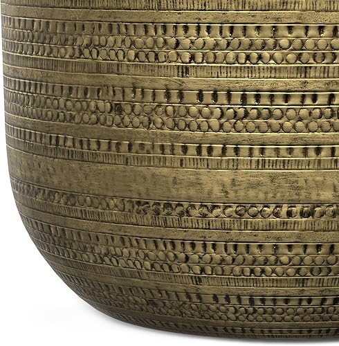 Miniatura 70 de SIMPLIHOME Johnsen - Mesa de metal, 15 pulgadas de ancho, con tambor de hierro macizo, color plata antigua con patrón tribal, mesa auxiliar redonda