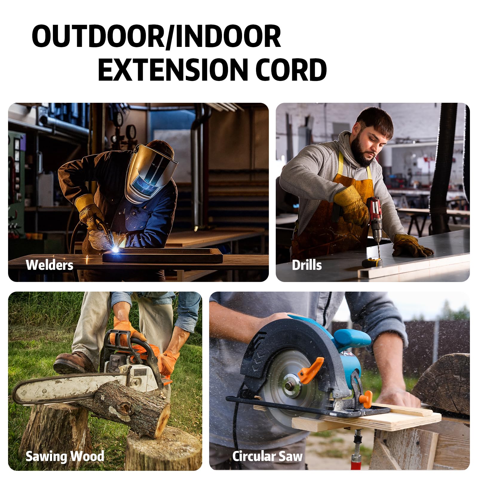 Cable de extensión para exteriores de 10 pies, 12/3 SJTW, cable de extensión gris resistente con enchufe de tierra de 3 clavijas, cable de alimentación para césped, jardín, electrodomésticos