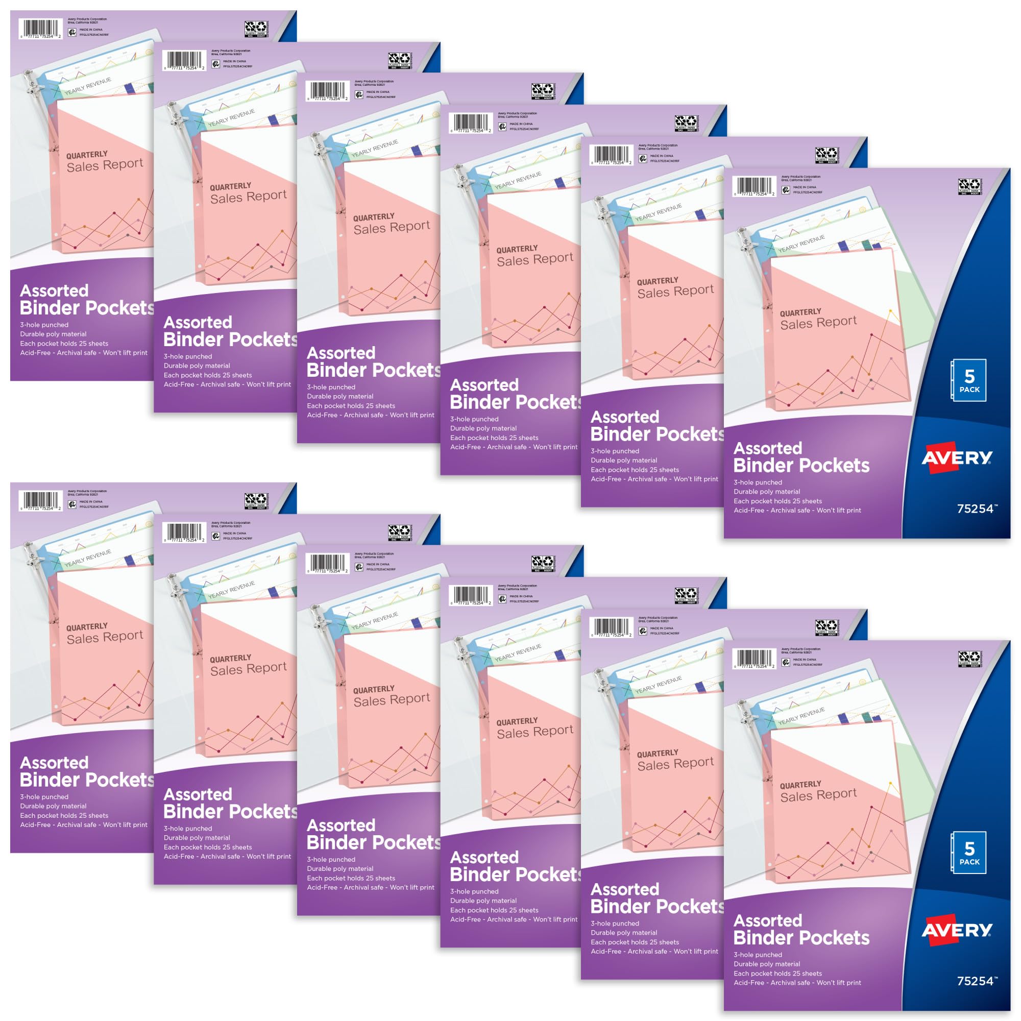 Avery Binder Pockets, Assorted Colors, 8.5" X 11", Acid-Free, Durable, 60 Total Slash Jackets, 12 Packs (75254)