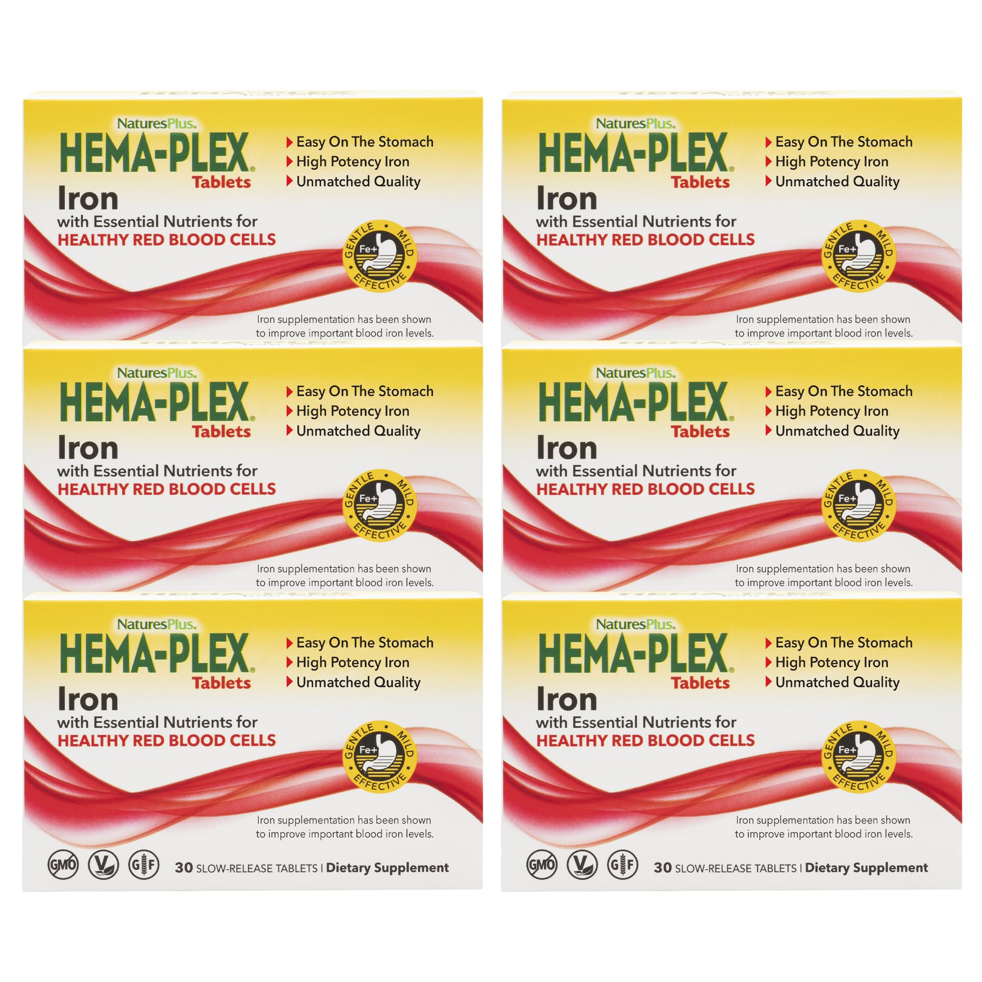 NaturesPlus Hema-Plex Iron - 30 Slow-Release Tablets, Pack of 6 - Total Blood Health - 85 mg Chelated Iron - With Vitamin C & Bioflavonoids - Non GMO, Vegetarian & Gluten Free - 180 Total Servings