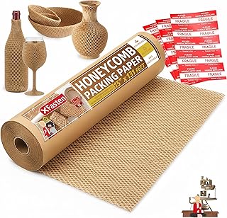 XFasten Brown Honeycomb Packing Paper for Moving 15-Inch x 131-Feet Bubble Honeycomb Wrap, Honeycomb Wrapping Paper for Packing Cushion with 30 Fragile Stickers Packaging Material
