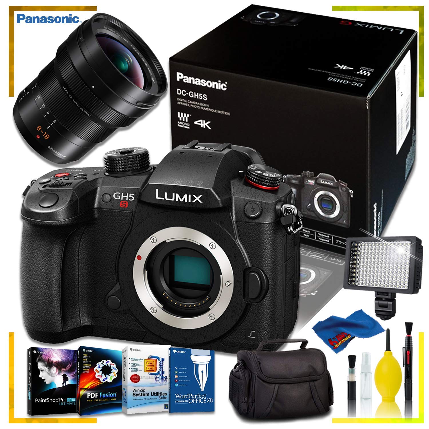 Panasonic Lumix DC-GH5S Mirrorless Digital Camera + Panasonic Leica DG Vario-Elmarit 8-18mm f/2.8 Lens + Corel Editing Program Kit + Camera Case + 160 LED Video Light + Cleaning Kit