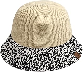 CC Womens Leopard Print Cloche Staw Bucket Hat, Natural