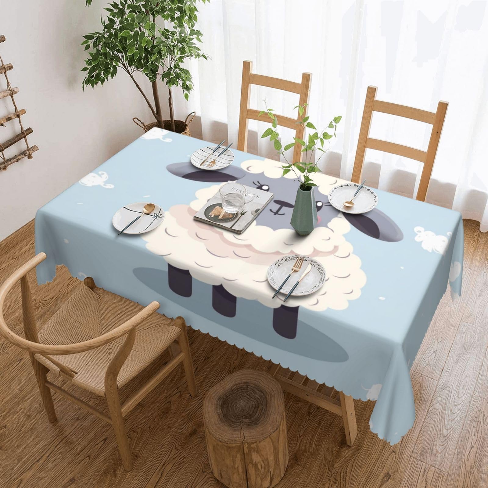 WPKJU Cute Cartoon Sheep Printed Rectangle Tablecloth 72x54 Inch with Lace Trim, Water-Resistant Washable Table Cover for Farmhouse Weddings, Outdoor Picnics & Holiday Dining