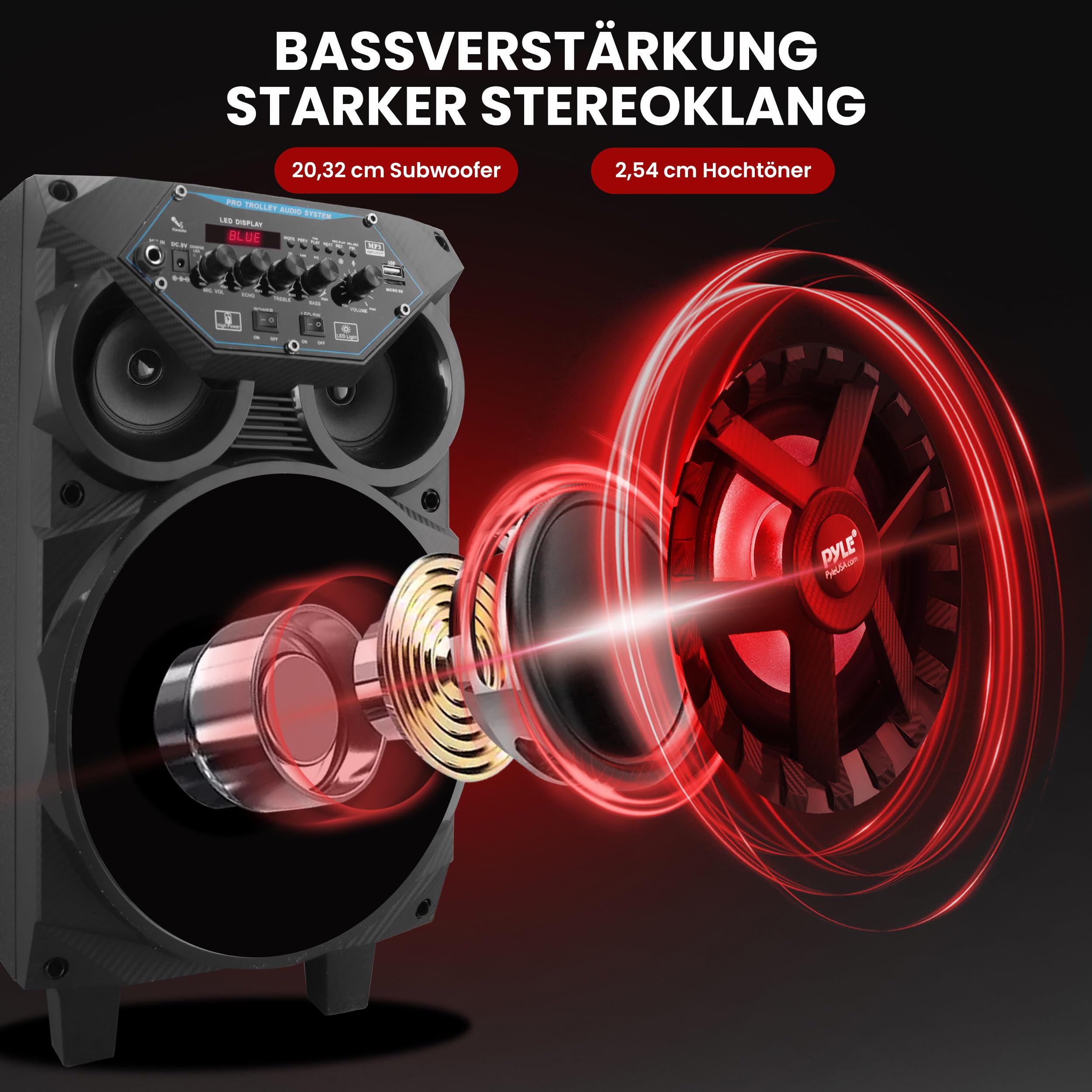 Pyle Partybox Bluetooth Lautsprecher Groß, 580W Musikbox, Boombox mit Lichtern & Rollen, inkl. 2 Kabellose Mikrofone, Super Bass, USB/SD/AUX/RCA/FM, Aufladbare Akku, für Party Outdoor & Zuhause