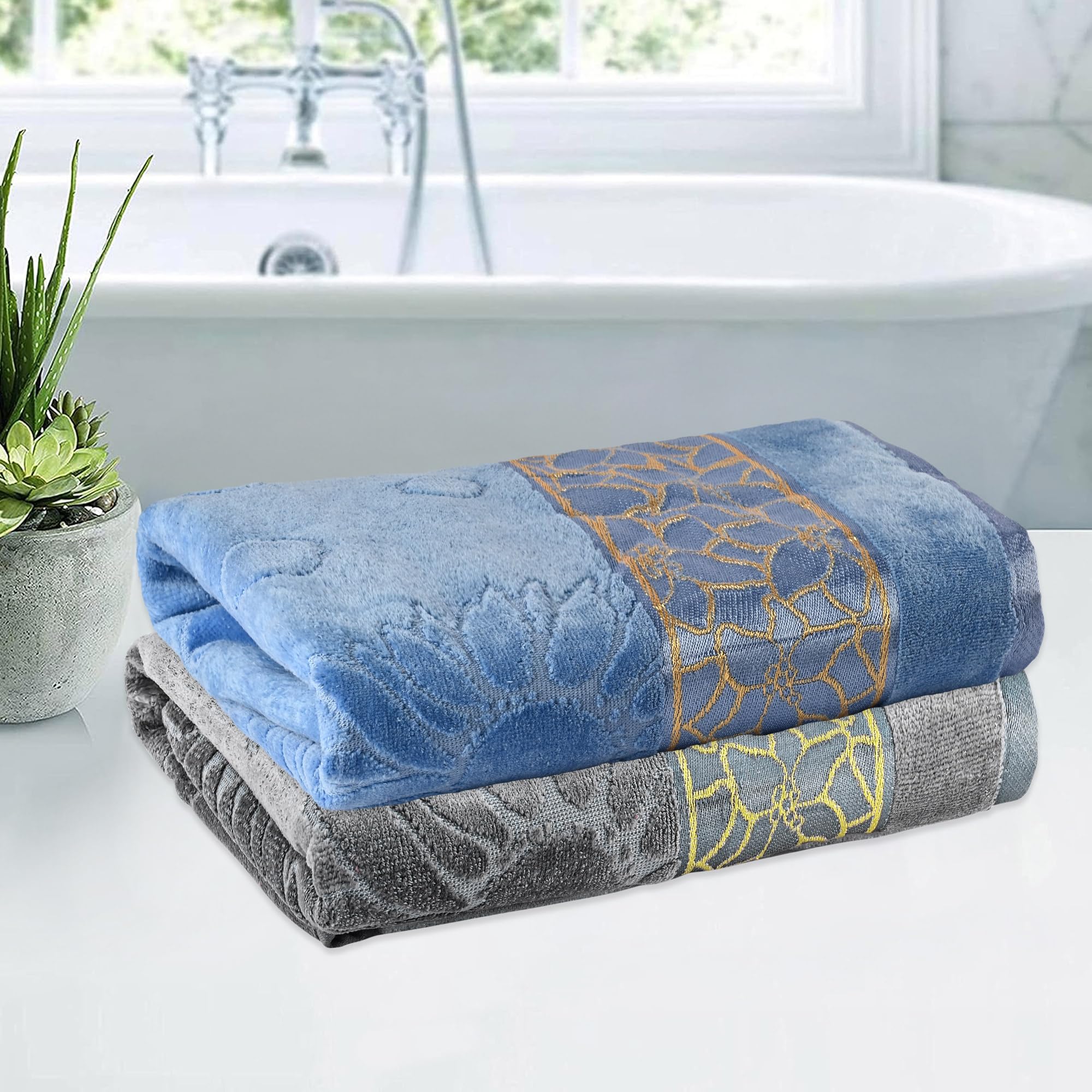 Urbane Home Pack of 2 Soft Cotton Bathing Towel for Men/Women | 450 GSM Fade/Wrinkle Resistant Towels | 30x60 Inches - Velvet Grey & Blue