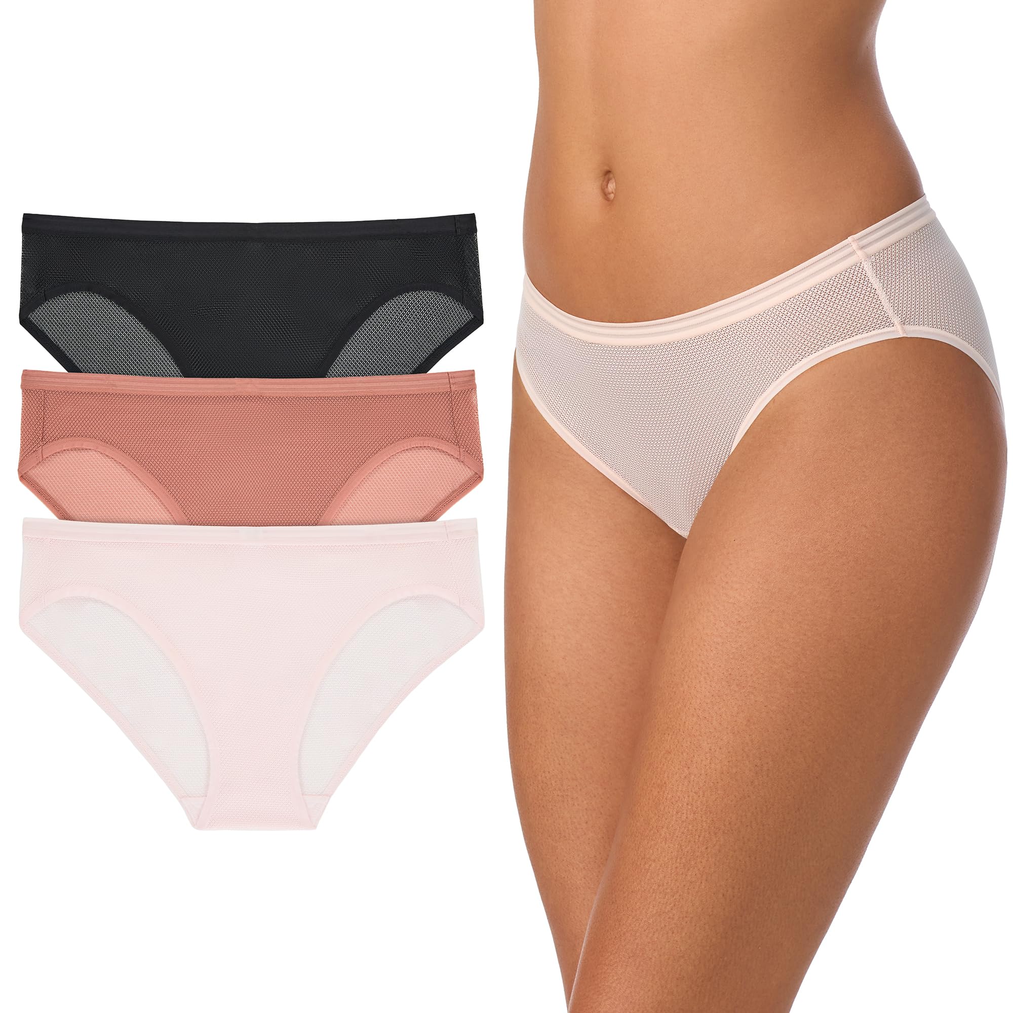 DKNY Women’s Sheer Stripe Mesh Bikini Underwear, Lightweight & Breathable, 3-Pack