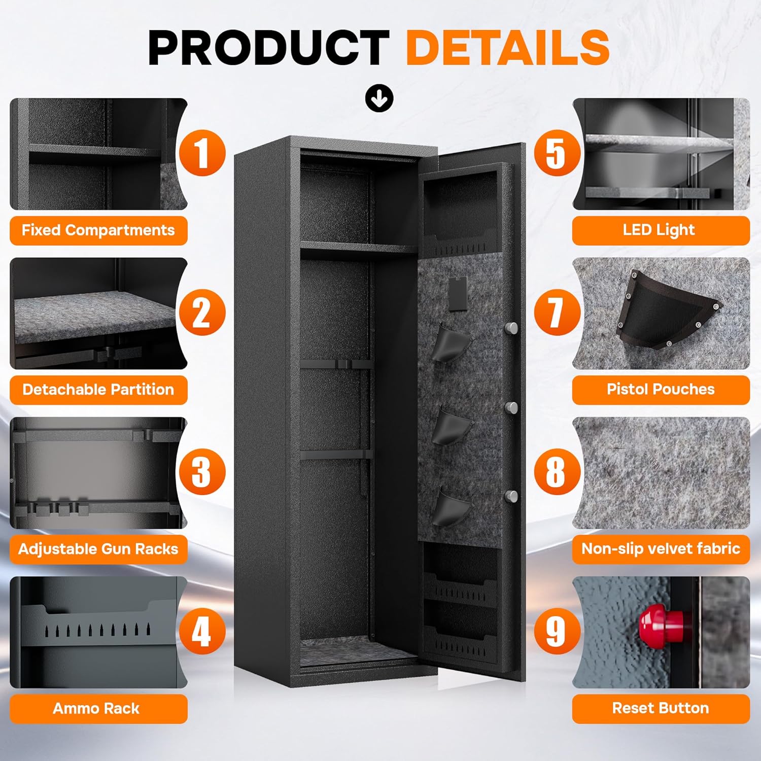 [No Assembly Required] 8-12 Gun Safe for Rifles and Pistols, Biometric Fingerprint & Keypad Lock, Rifle Safe, Alarm System, Large Capacity, Adjustable Storage Shelf, 57" High