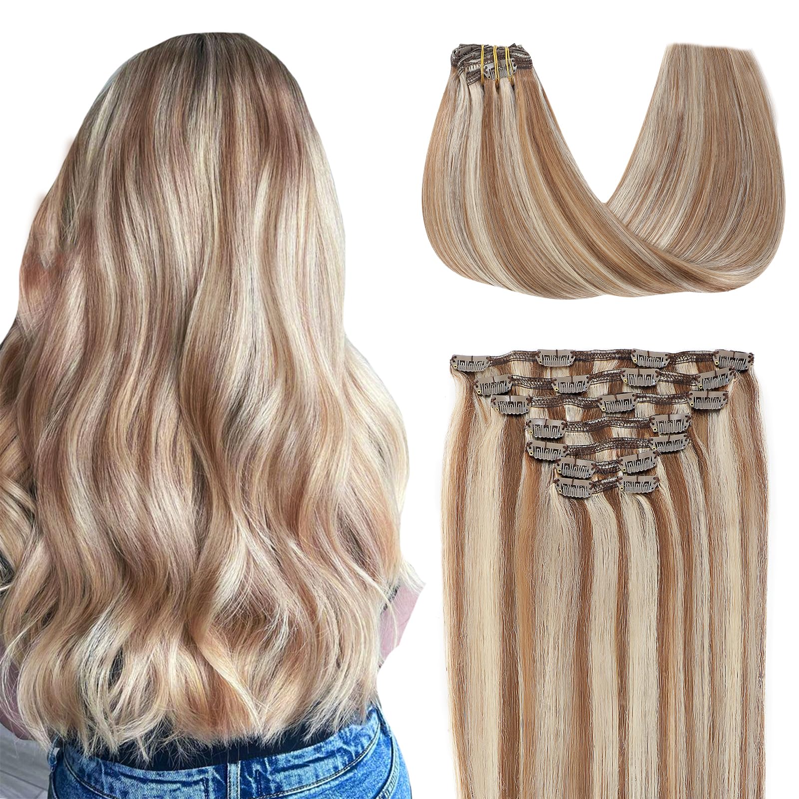SURNEL Extensiones Clip Pelo Natural 100g 40cm 6 Piezas Rubio Platino Claro Extensiones De Clip De Humano Real Extensiones Pelo Remy Natural (C#60-40cm) — view 12