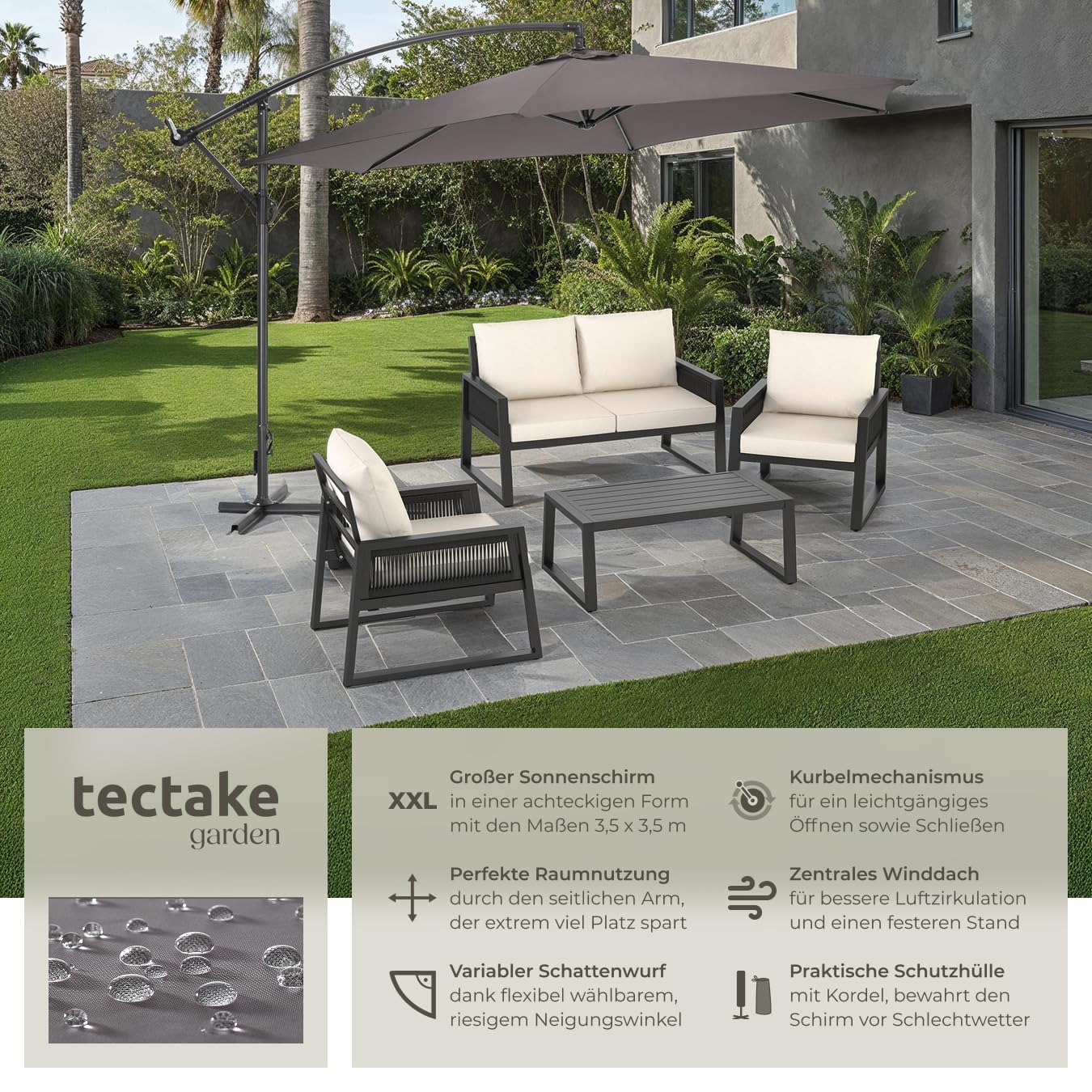 tectake Sonnenschirm mit Ständer, Ø 350 cm, Sonnenschutz für Balkon, Garten und Terrasse inkl. Schutzhülle, Ampelschirm groß mit Kurbel-Seilsystem, Schirm mit stabilem Gestell - grau