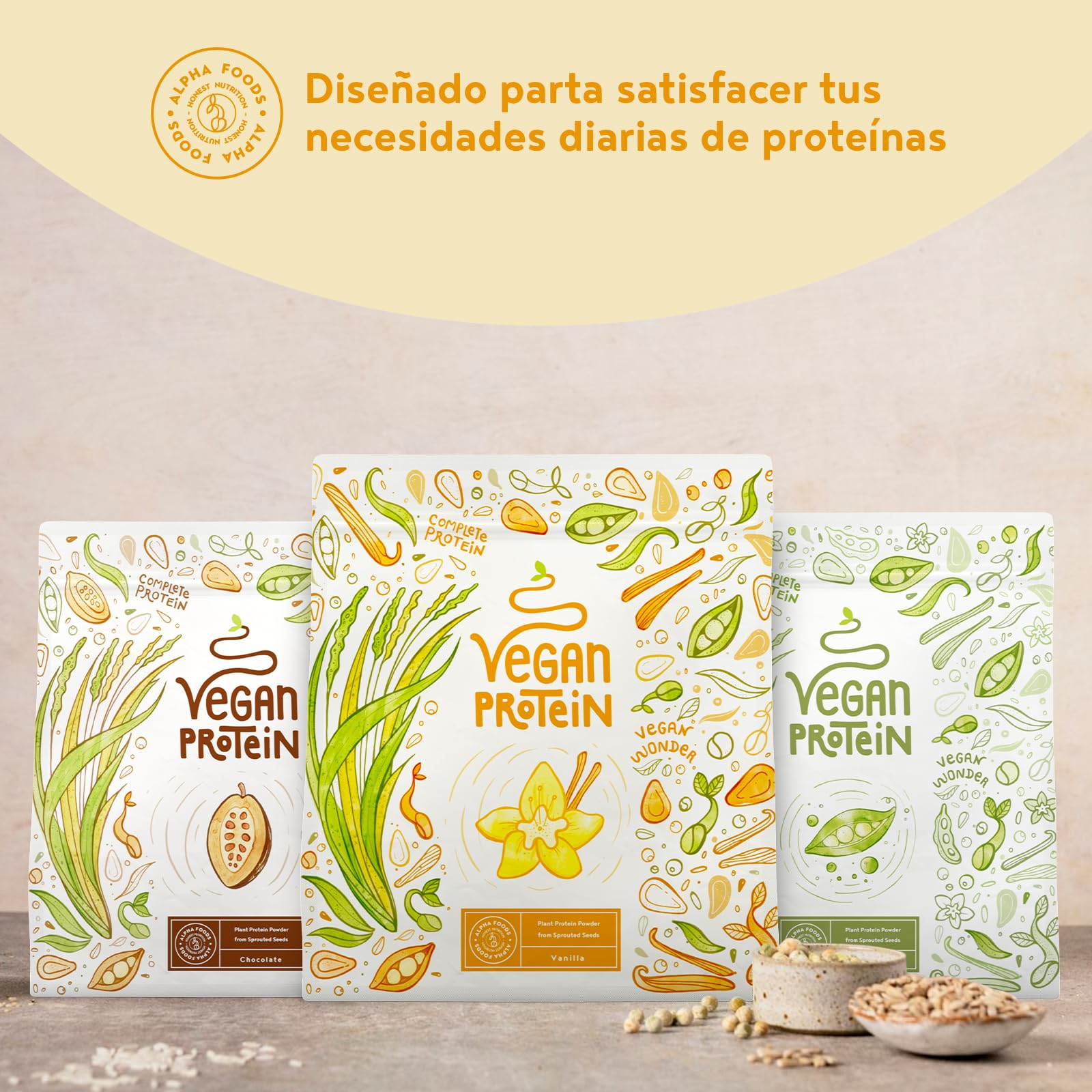 Proteína Vegana en Polvo | Sabor Vainilla | 100% Proteina Vegana | 22g dosis Vegan Protein Powder de Guisante, Arroz, Girasol y Soja | Proteína Aislada para Masa Muscular | 1.2kg | Alpha Foods