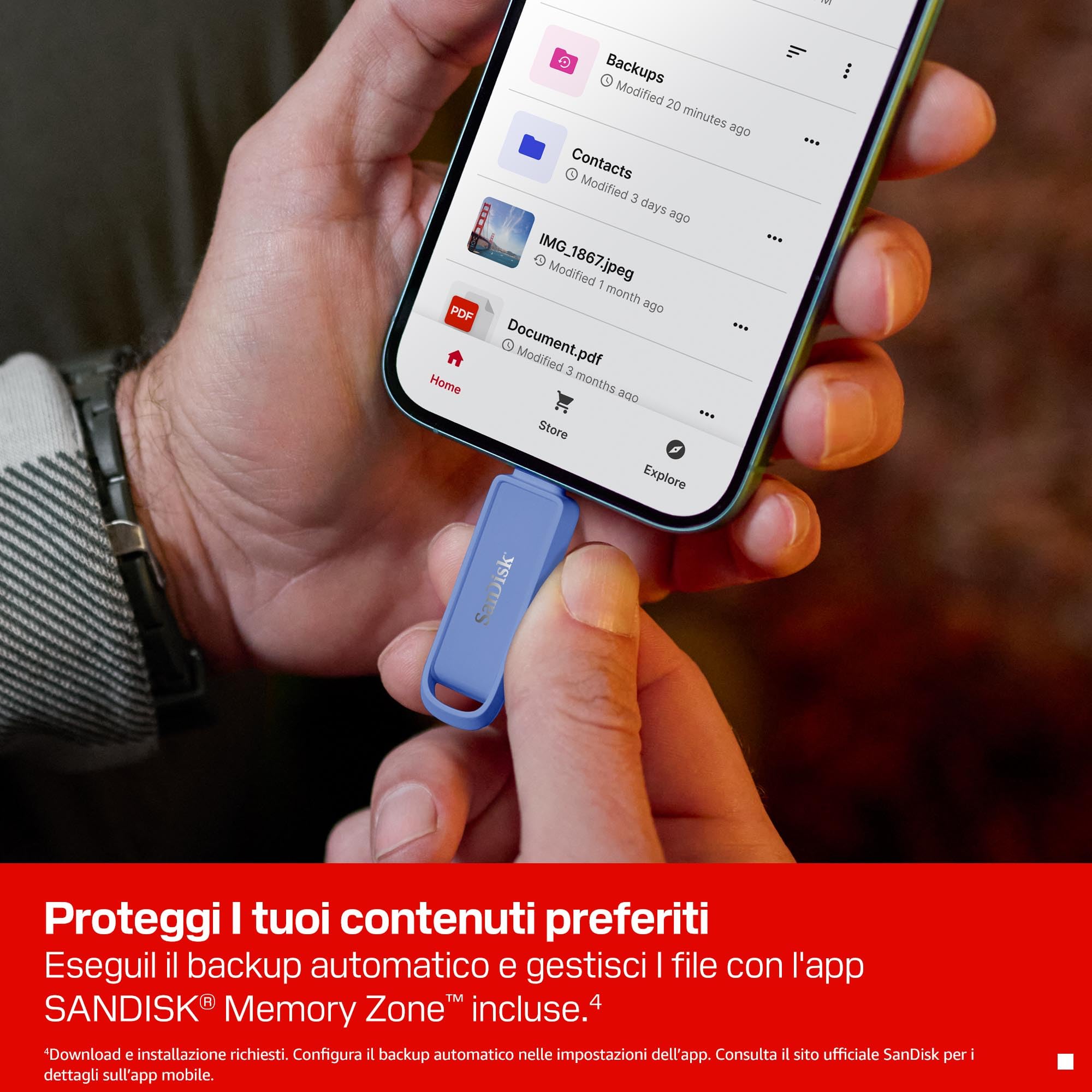 SANDISK Unità per telefono con USB Type-C 1 TB (per smartphone, tablet e computer, velocità fino a 150 MB/s, backup automatic, recupero dati) - Maritime Blue