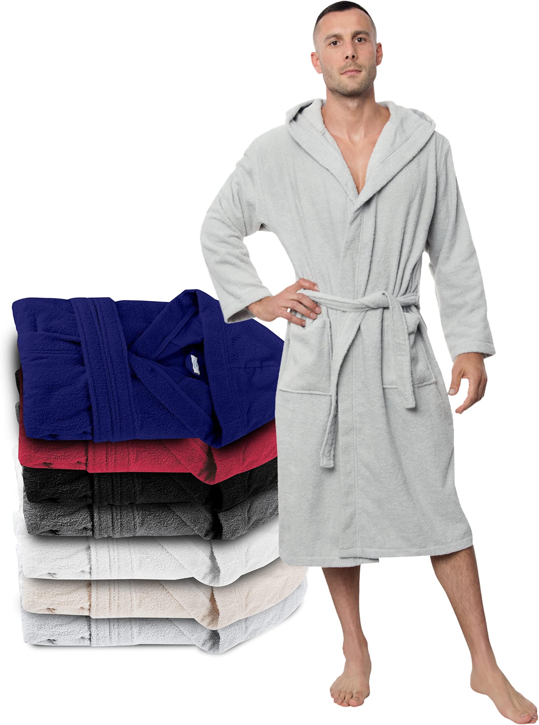 Twinzen Men's Bathrobe, Dressing Gown 100% Cotton (350 g/m²) Oeko-Tex® Certified, Bathrobe with Hood, 2 Pockets, Belt