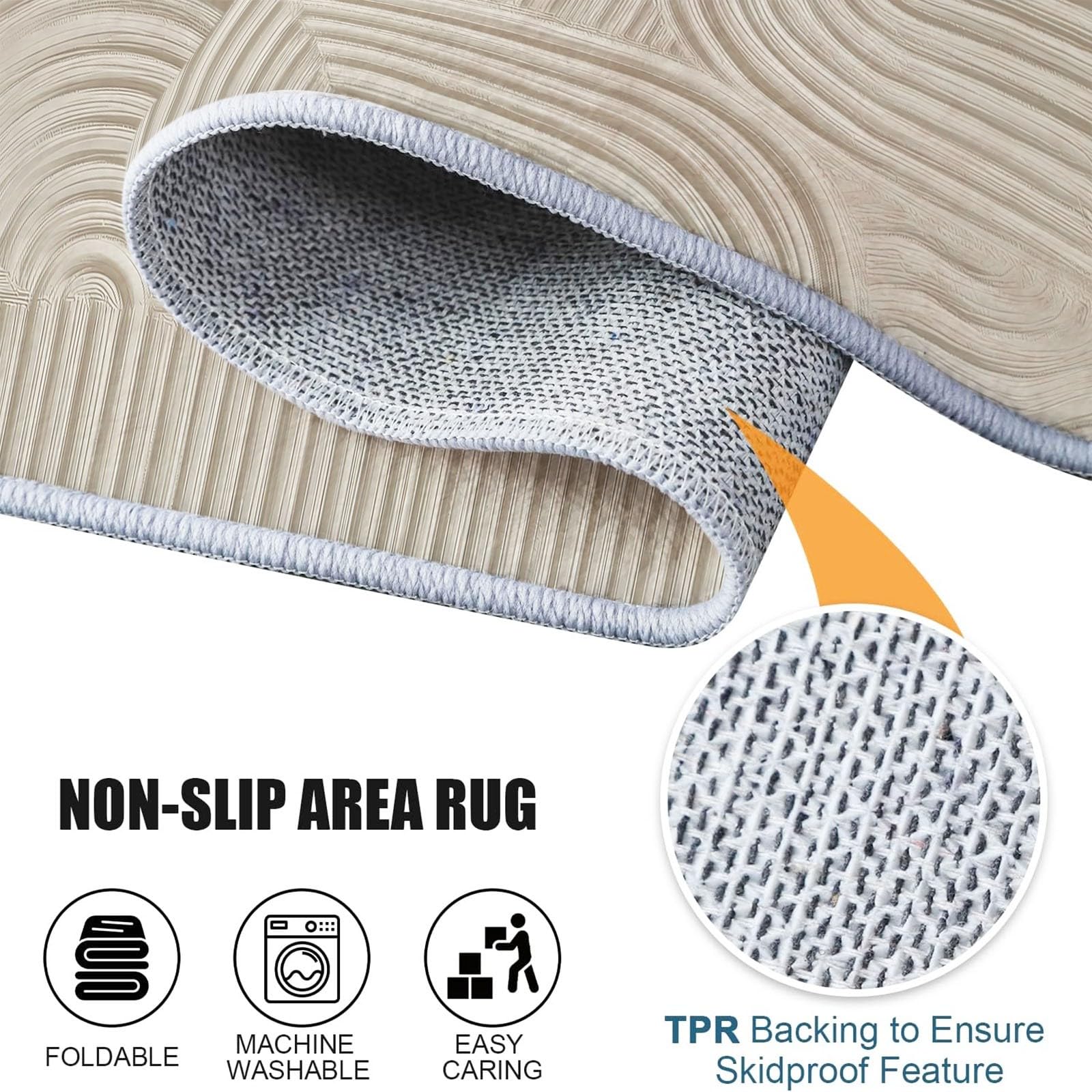 Modern Abstrakt Hellbeige Teppich - Rutschfester Waschbarer Niedriger Flor Teppich für Wohnzimmer, Schlafzimmer, Kinderzimmer, Esszimmer, Büro - Geometrisch Gitter Streifen, 120 x 170 cm