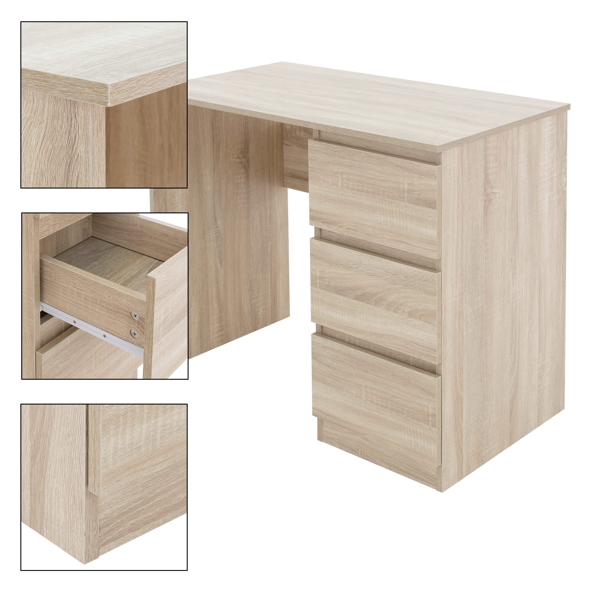 ML-Design Schreibtisch mit 3 Schubladen, 90x76x50 cm, in Sonoma-Eiche, viel Stauraum, modern, Arbeitstisch Bürotisch Computertisch Büromöbel Kinderschreibtisch Laptoptisch PC Tisch, für Heim/Büro