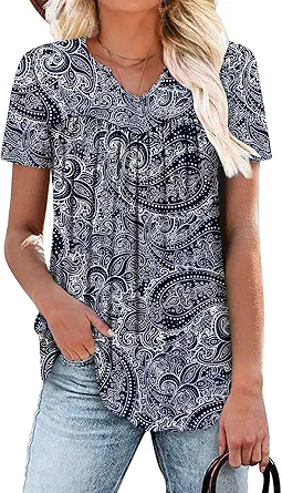 KISSMODA Tops for Womens Summer Cute Short Sleeve Shirts Trendy Notched Neck Blouses Casual Loose Pleated Tunics S-3Xl