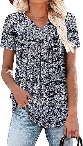KISSMODA Tops for Womens Summer Cute Short Sleeve Shirts Trendy Notched Neck Blouses Casual Loose Pleated Tunics S-3Xl