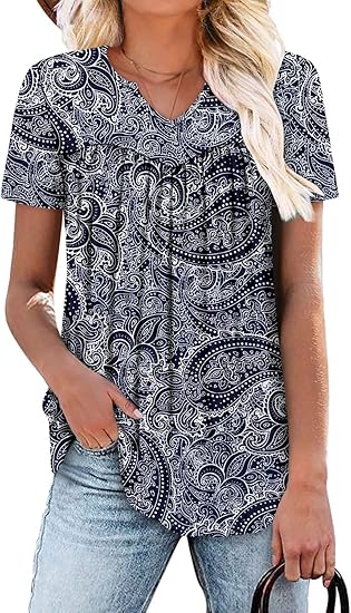 KISSMODA Tops for Womens Summer Cute Short Sleeve Shirts Trendy Notched Neck Blouses Casual Loose Pleated Tunics S-3Xl