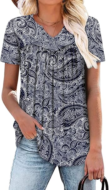 KISSMODA Tops for Womens Summer Cute Short Sleeve Shirts Trendy Notched Neck Blouses Casual Loose Pleated Tunics S-3Xl