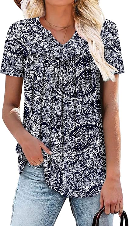 KISSMODA Tops for Womens Summer Cute Short Sleeve Shirts Trendy Notched Neck Blouses Casual Loose Pleated Tunics S-3Xl