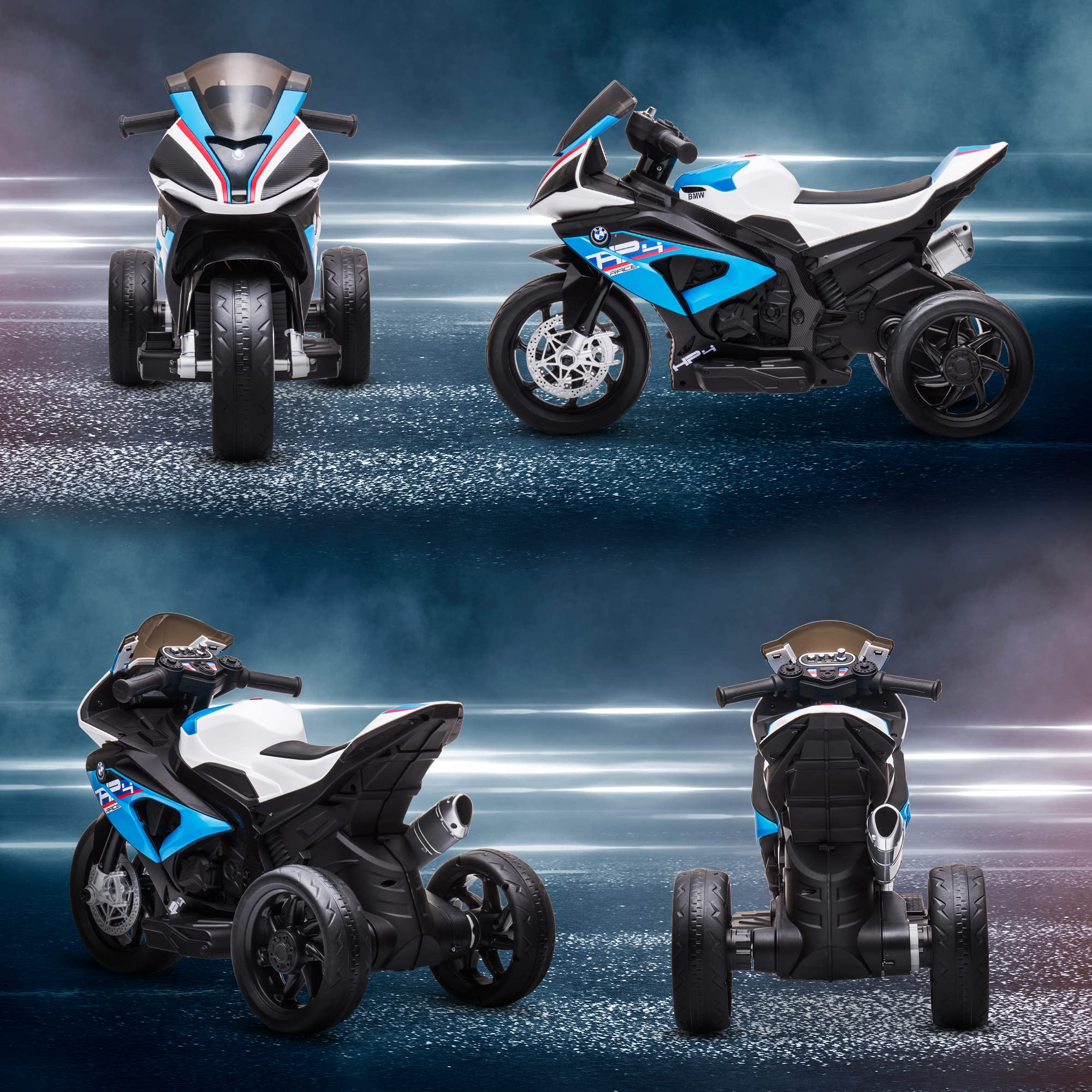 HOMCOM Moto Bambini BMW HP4 18-60 Mesi Fari Musica Pedali PP Metallo 82.5x42x54 cm Blu