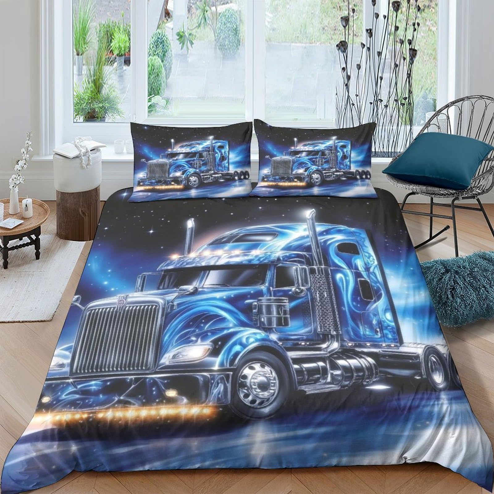 Ctjqhvkz Style-8 3D Printed Blue Truck Fitted Sheet Microfiber Soft Durable Highway Night Bed Cover For Bedroom Guest Room Decor Single（135X200cm）