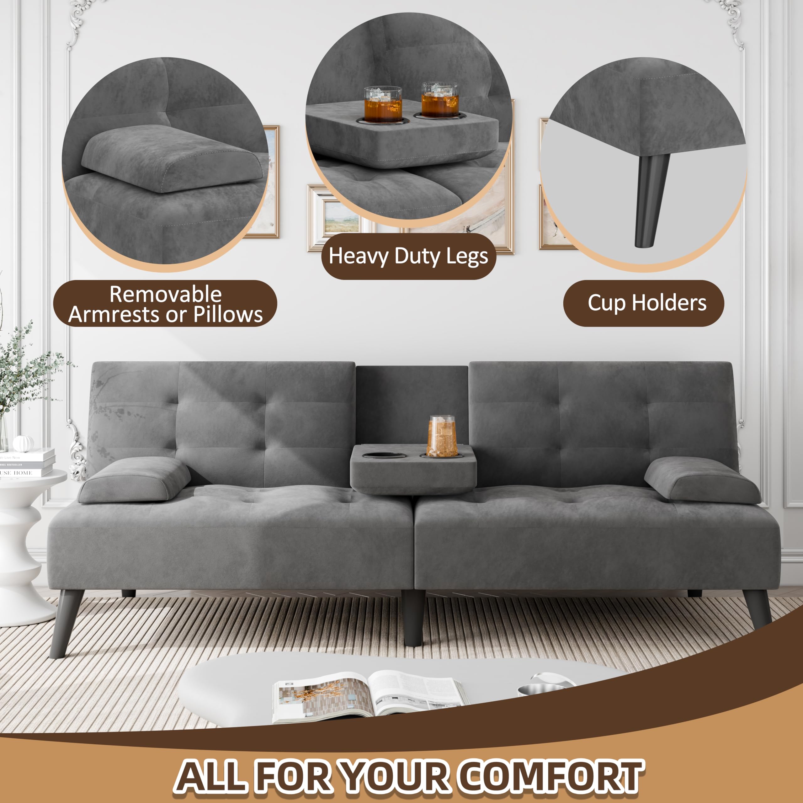 Futon Sofa Bed, 64" Small Futon Couch with Adjustable Backrest, 3-Angle Recliner, Detachable Armrests with Cup Holders for Small Spaces (Dark Grey Velvet)