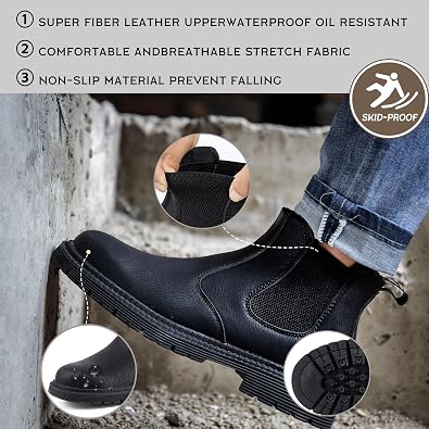 CJSPORX Men's Steel Toe Work Boots Anti-Skid Safety Shoes Leather Waterproof Work Shoes