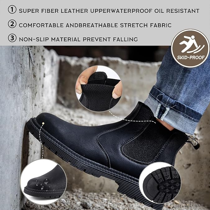 CJSPORX Men's Steel Toe Work Boots Anti-Skid Safety Shoes Leather Waterproof Work Shoes