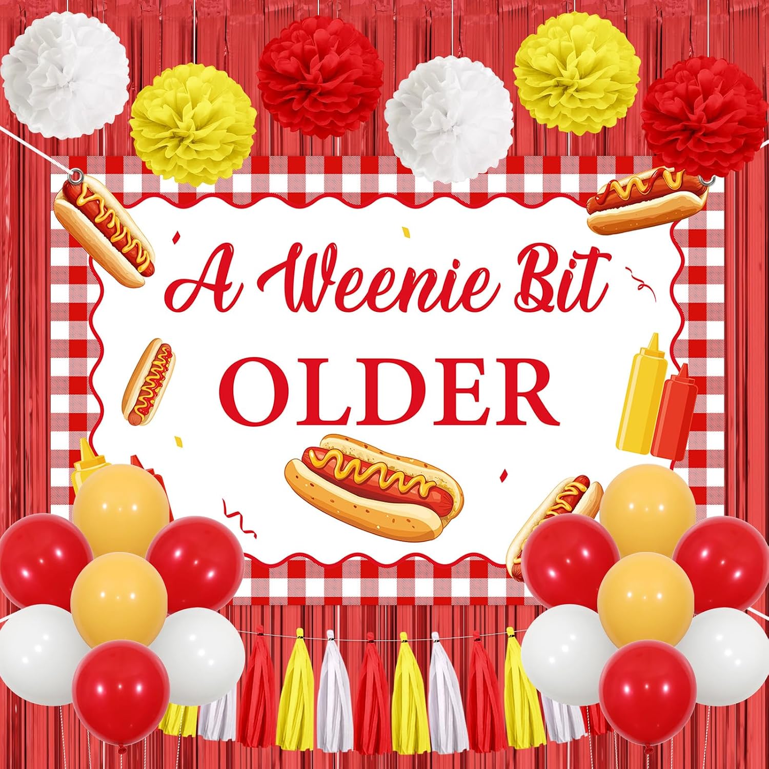 Jollyboom a Weenie Bit Older Birthday Decorations, Hot Dog Decorations Backdrop Balloons Fringe Curtain Tissue Paper Pom Poms Tassel for Women Bridal Shower Wedding Retro Bbq Cookout Party