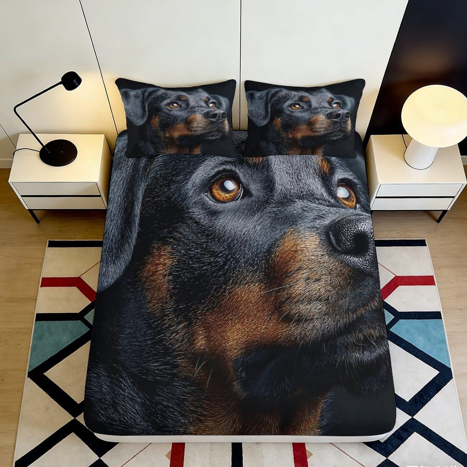3D Printed Rottweiler Portrait Fitted Sheet Microfiber Black Dog Bed Cover for Bedroom Guest Room Decor Mattress Protection 90x200x25cm