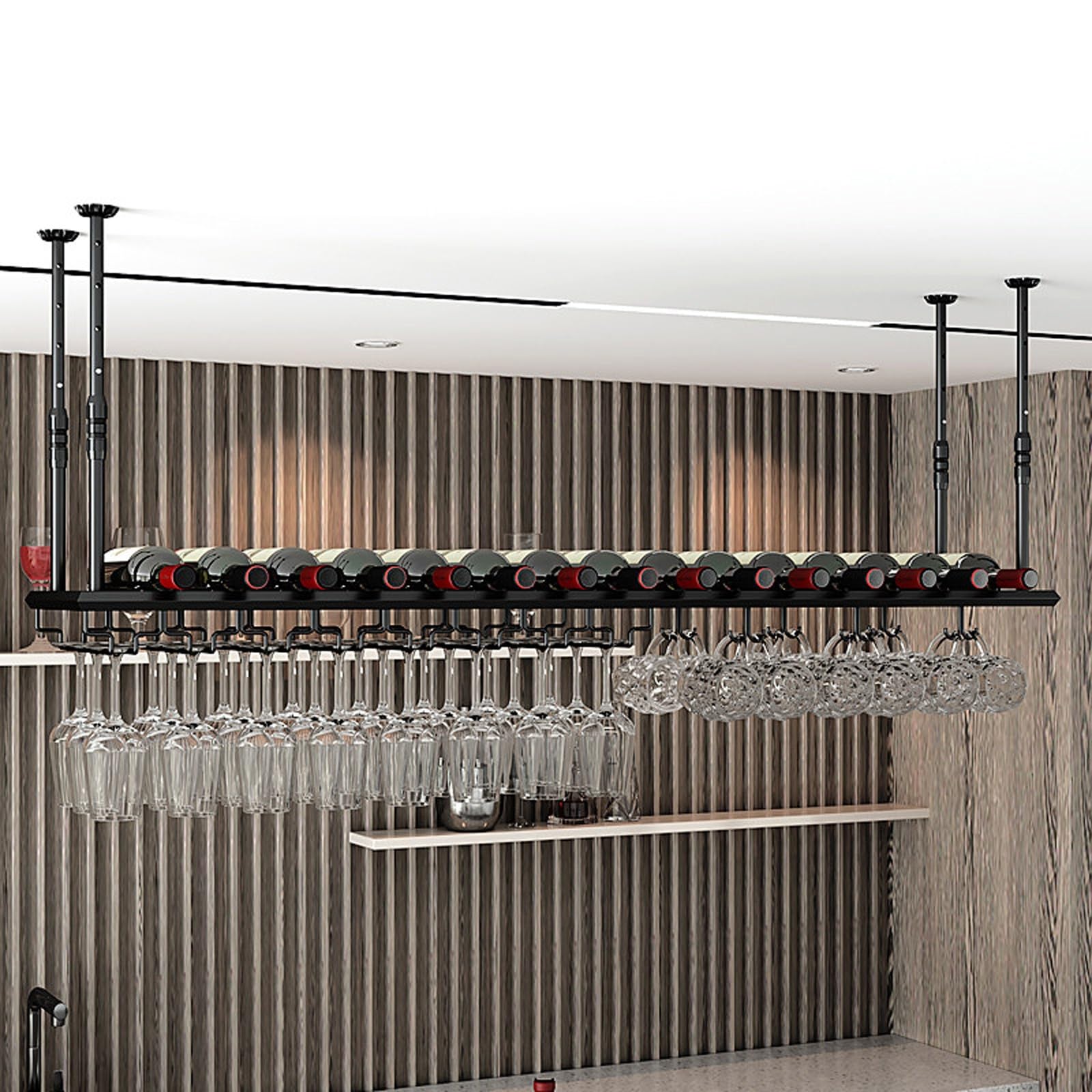 ASYJVWYZ Ceiling-Mounted Wine Rack, Adjustable Height Metal Wine Bottle & Glass Storage Shelf For Home Bar, Kitchen, Dining Room(Style B,150x30cm/59x12in)