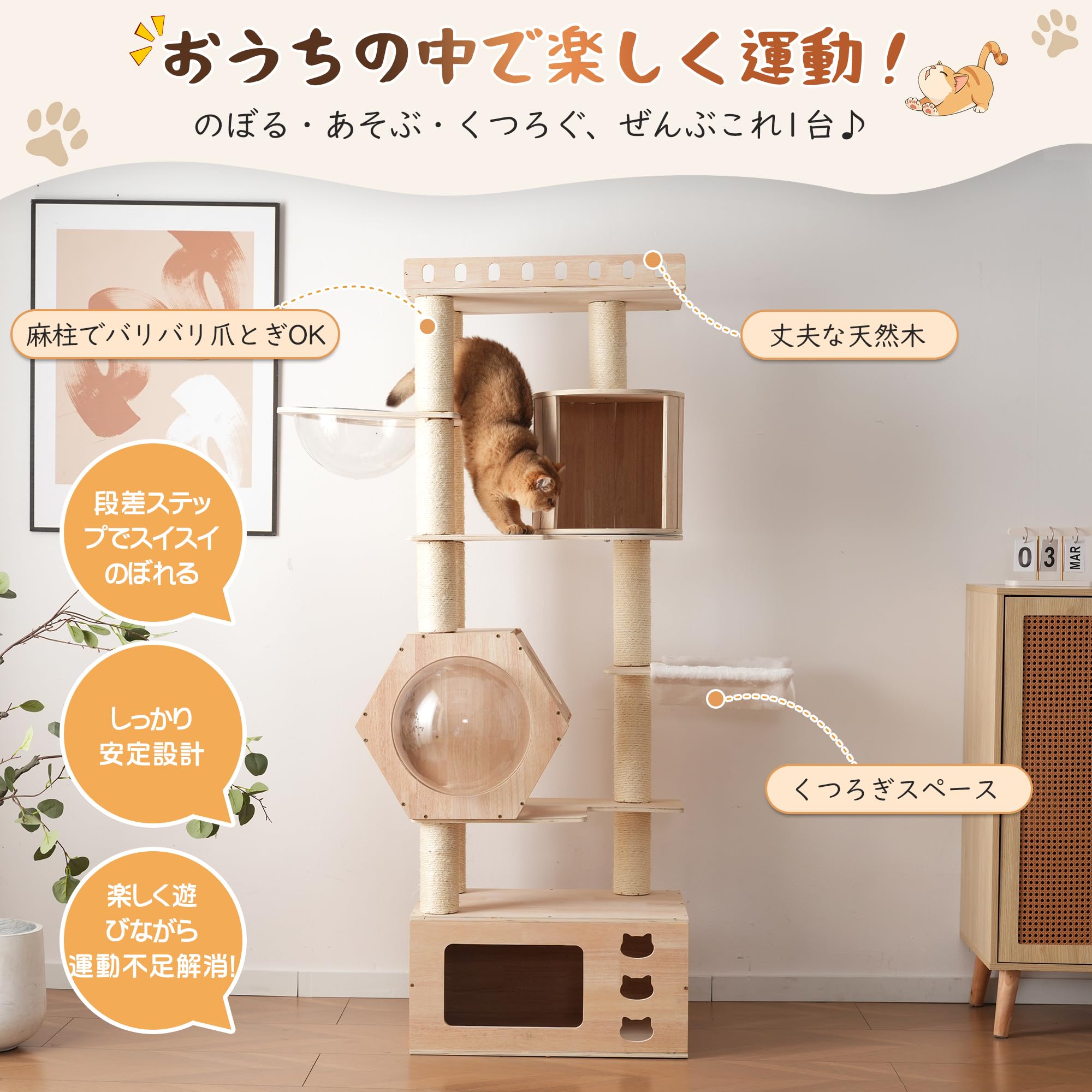 猫タワー 木製 高さ171.5cm 宇宙船型ハウス 隠れ家2つ ステップ台搭載 Amazon | OSJ 猫タワー 木製 高さ171.5cm 宇宙船型ハウス 隠れ家2つ