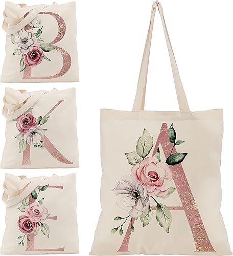 Floral Initial Canvas Bags for Women - Initial Tote Wedding Bag for Bridal Shower - Bachelorette Party Gift for Bridesmaid (Initial #A)