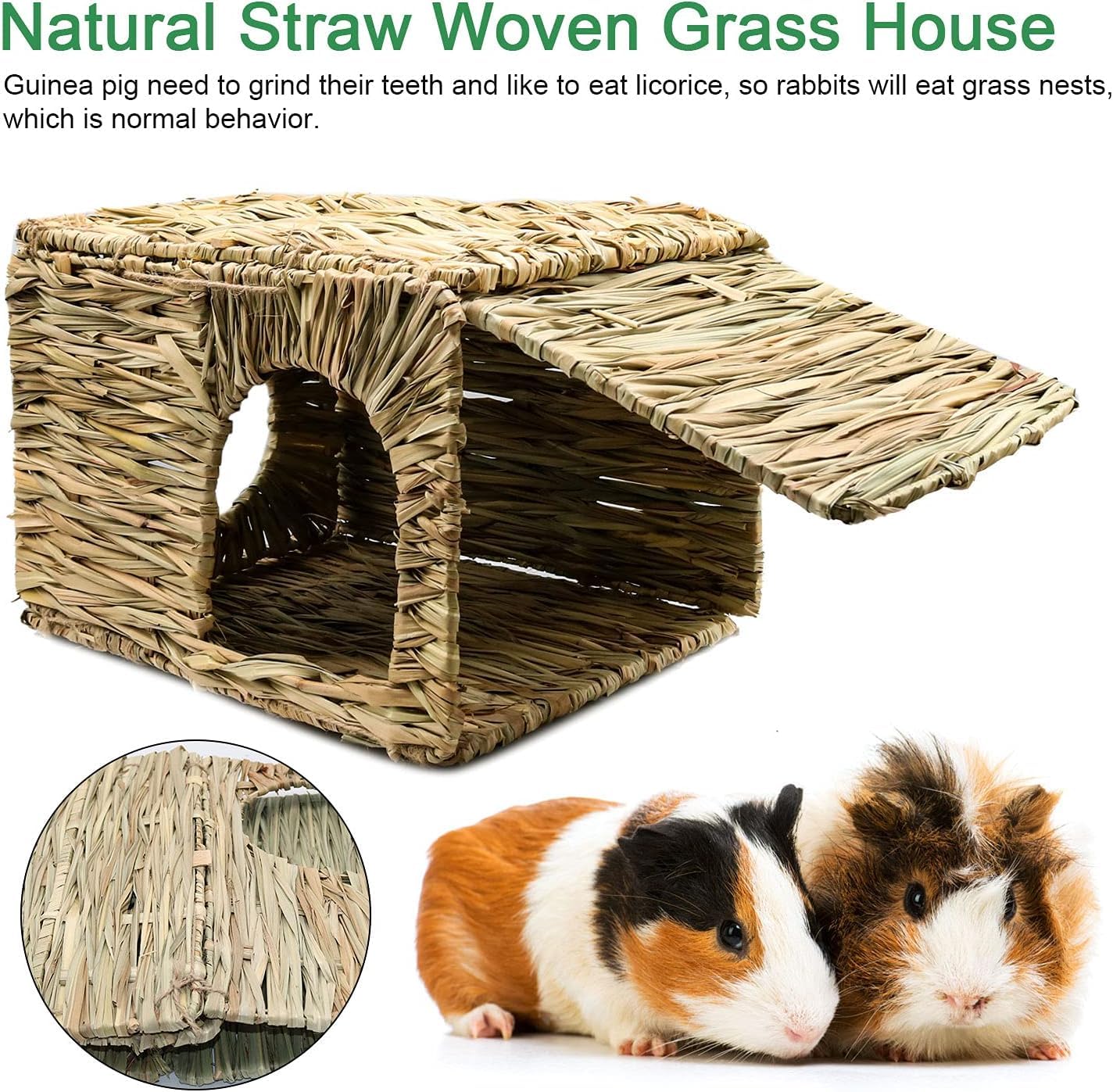 BWOGUE Großes Grashaus für Meerschweinchen, handgewebte Strohhütte, faltbar, Kleintier-Spielbett mit doppelten Öffnungen, Spielhaus für Kaninchen, Meerschweinchen, Chinchilla, Frettchen (2 Stück)