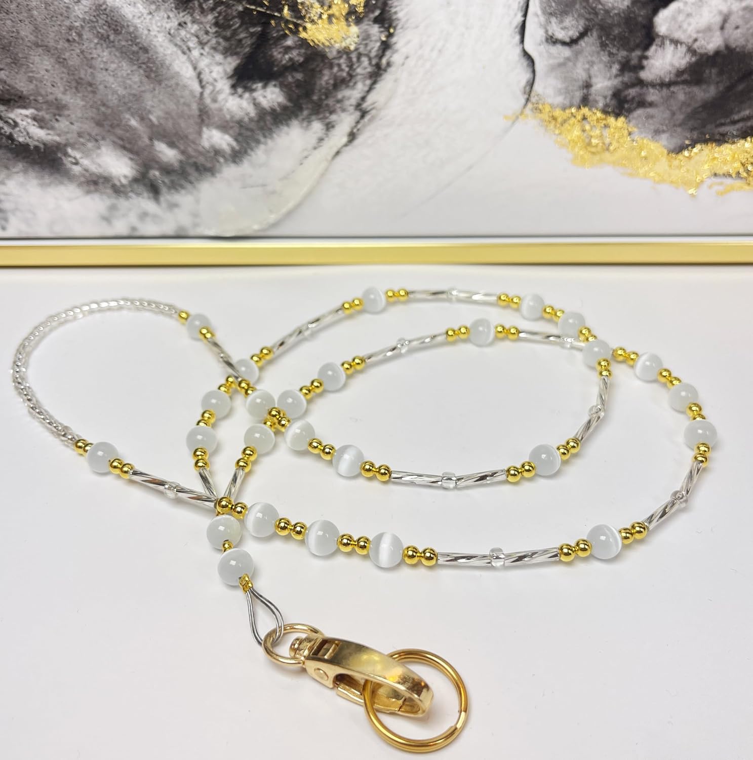 Hidden Hollow Beads Women's Simple Gold & White Strong Beaded Lanyard ID Badge Card Holder Teacher Cruise Key Keychain Phone image 3