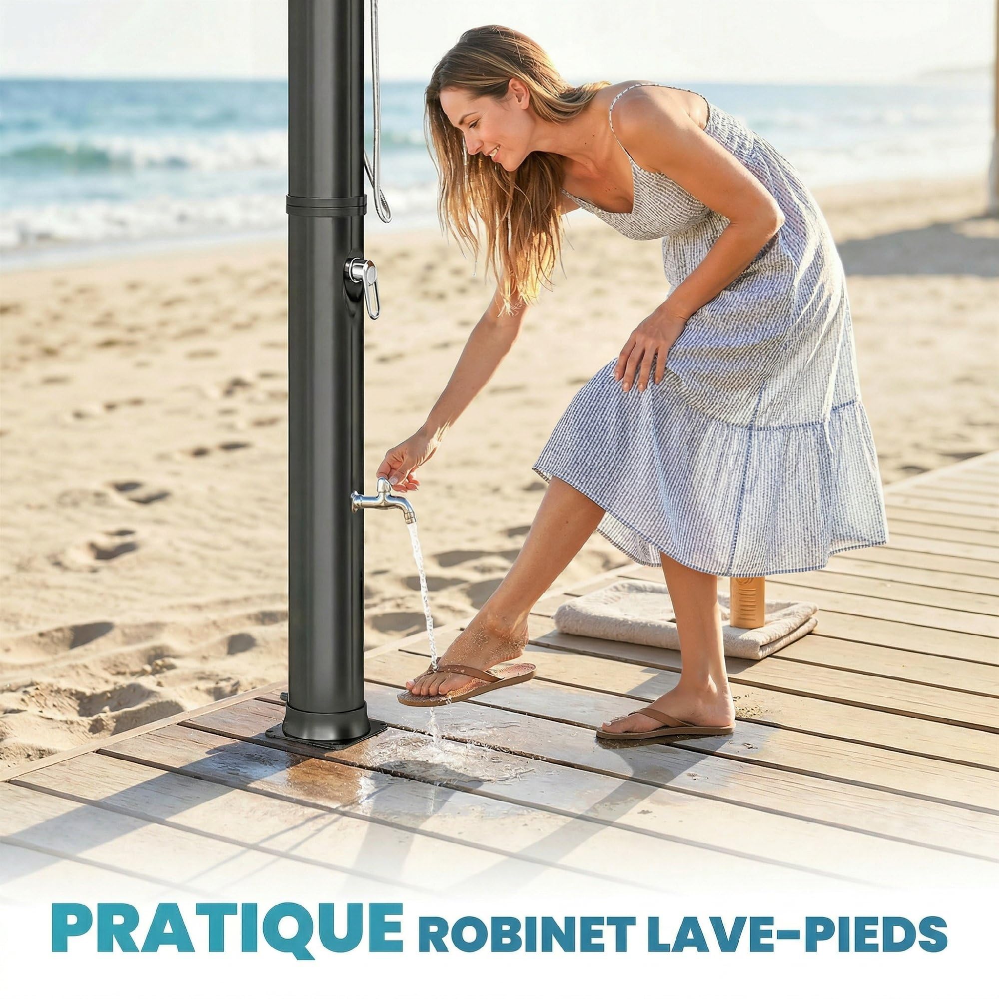 Outsunny Douche Solaire de Jardin 40L avec Douchette à Main et Robinet Lave-Pieds - Douche de Piscine avec Mitigeur Eau Chaude, 218cm de Haut, Pression 3,5 Bar, Matériau Anti-UV, Noir