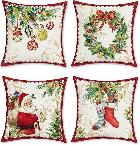 Bonhause Juego de 4 fundas de almohada de Navidad de 18 x 18 pulgadas, diseño de Papá Noel con corona de Navidad, calcetines de campanas de corona disponible en Yaxa Peru