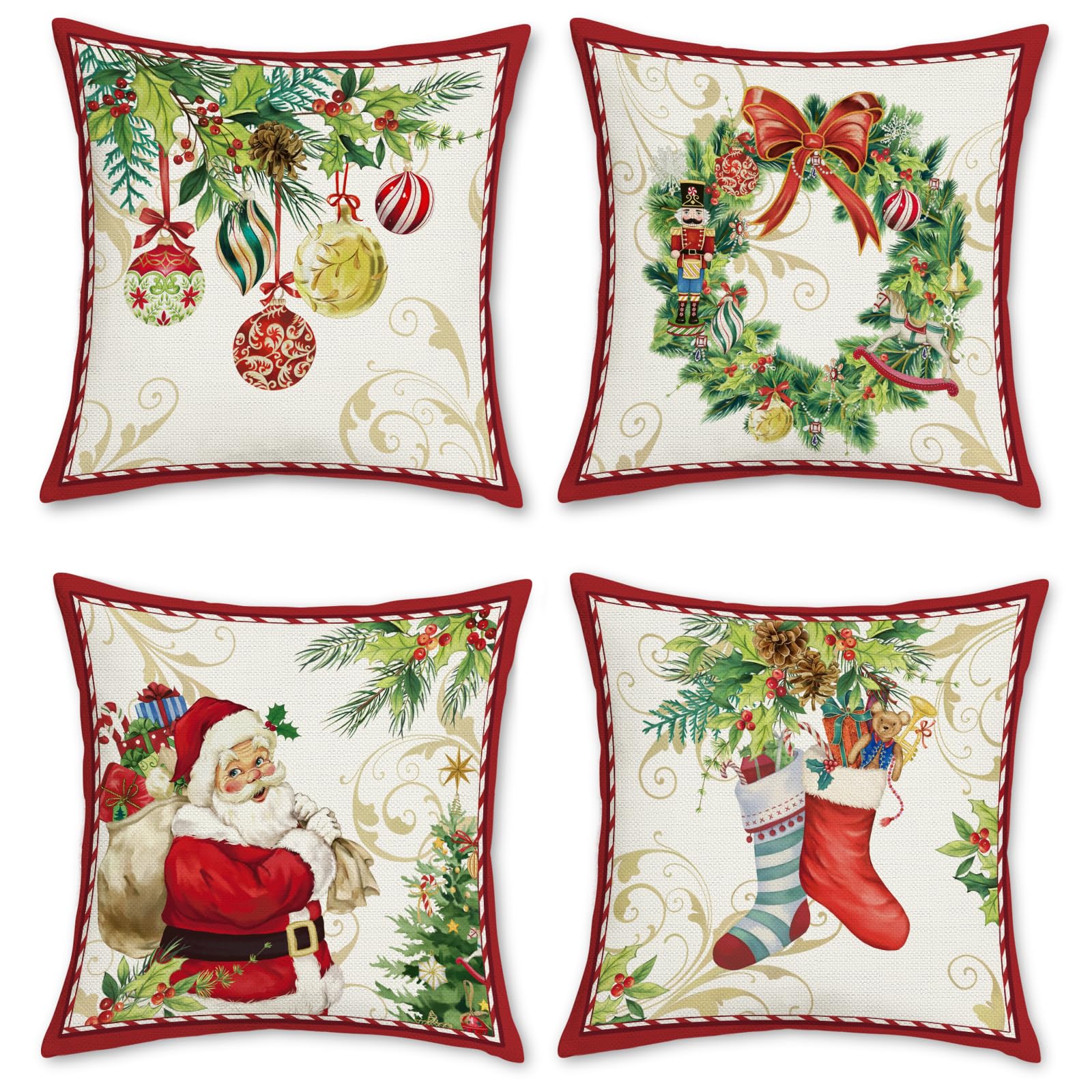 Simpkeely Set di 4 federe natalizie rosse, decorazione natalizia per fattoria, ghirlanda di pupazzo di neve, albero di Natale, agrifoglio, allegro, vacanza, per casa, divano, 45 x 45 cm