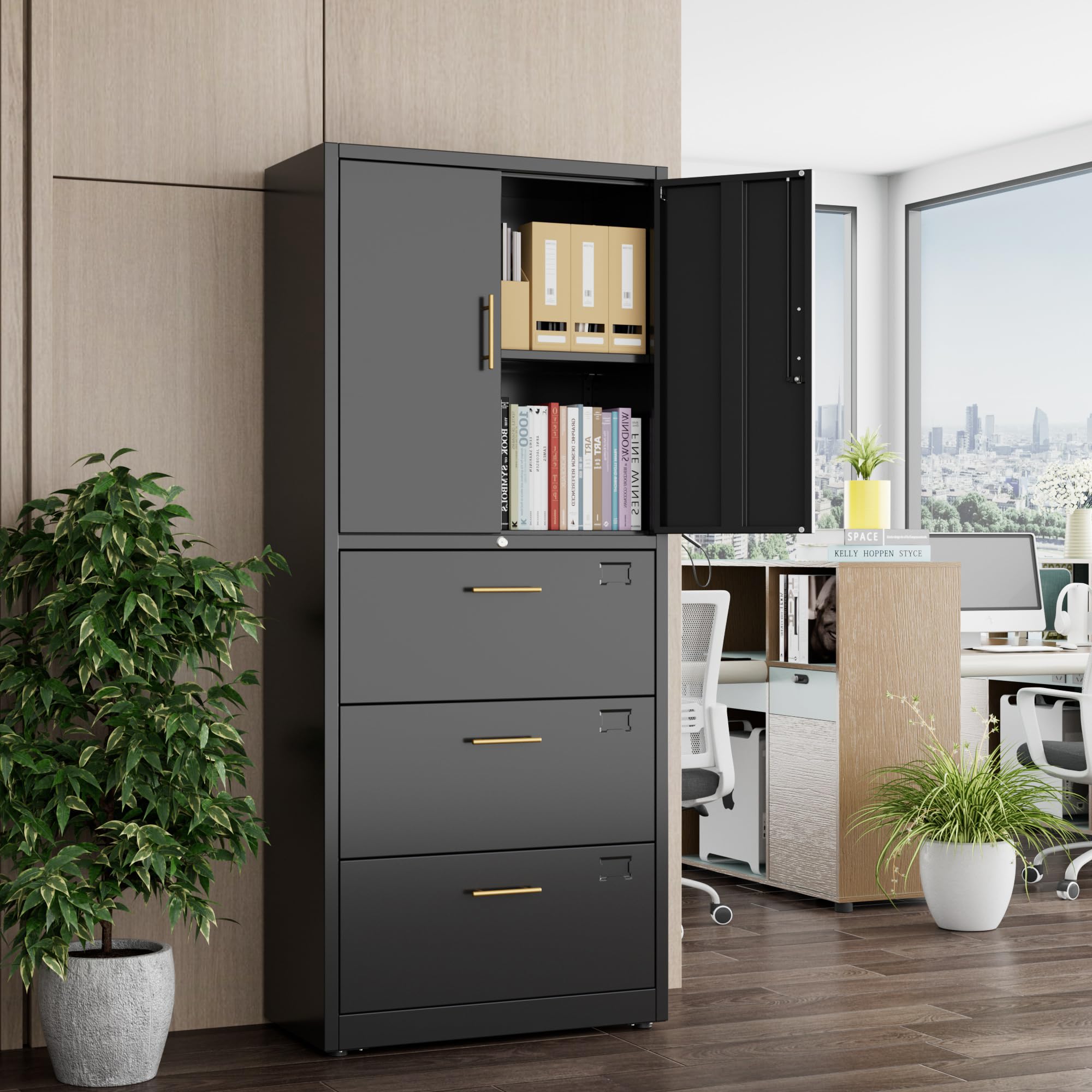 Aobabo Metal Storage Filing Cabinet mit 3 Schubladen, Metall -Büro -Aktenschrank mit abschließbaren Türen und Schubladen für Home Office, Hangdateien Brief/Rechtsgröße, Schwarz, Schwarz