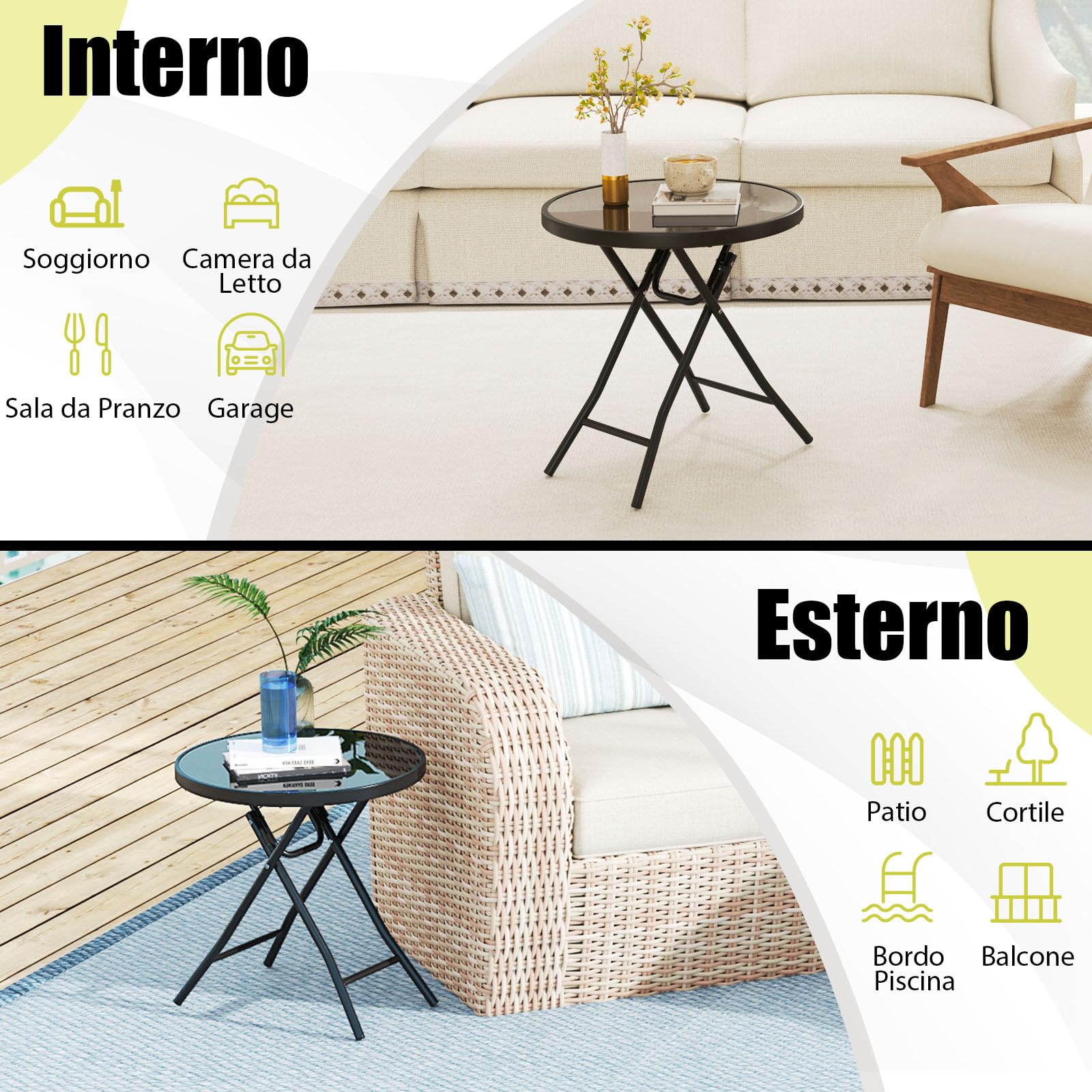 RELAX4LIFE Tavolo da Giardino, Tavolino da Balcone Rotondo Pieghevole con Piano in Vetro Temperato, Struttura Metallica, Piedini Antiscivolo, Portata 50 kg per Interni ed Esterni, Φ46x48cm (Nero)