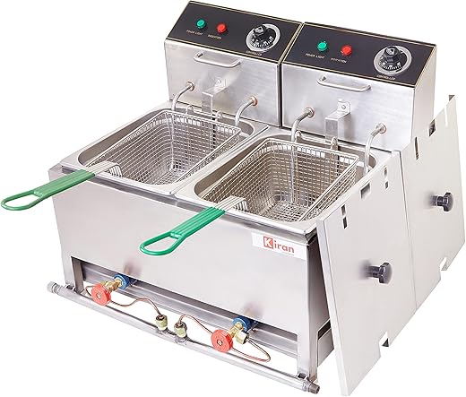 Kiran Enterprise Stainless Steel Electric & Gas 8 Liter Double Pan Deep Fryer for Restaurant and Kitchen and commercial Use