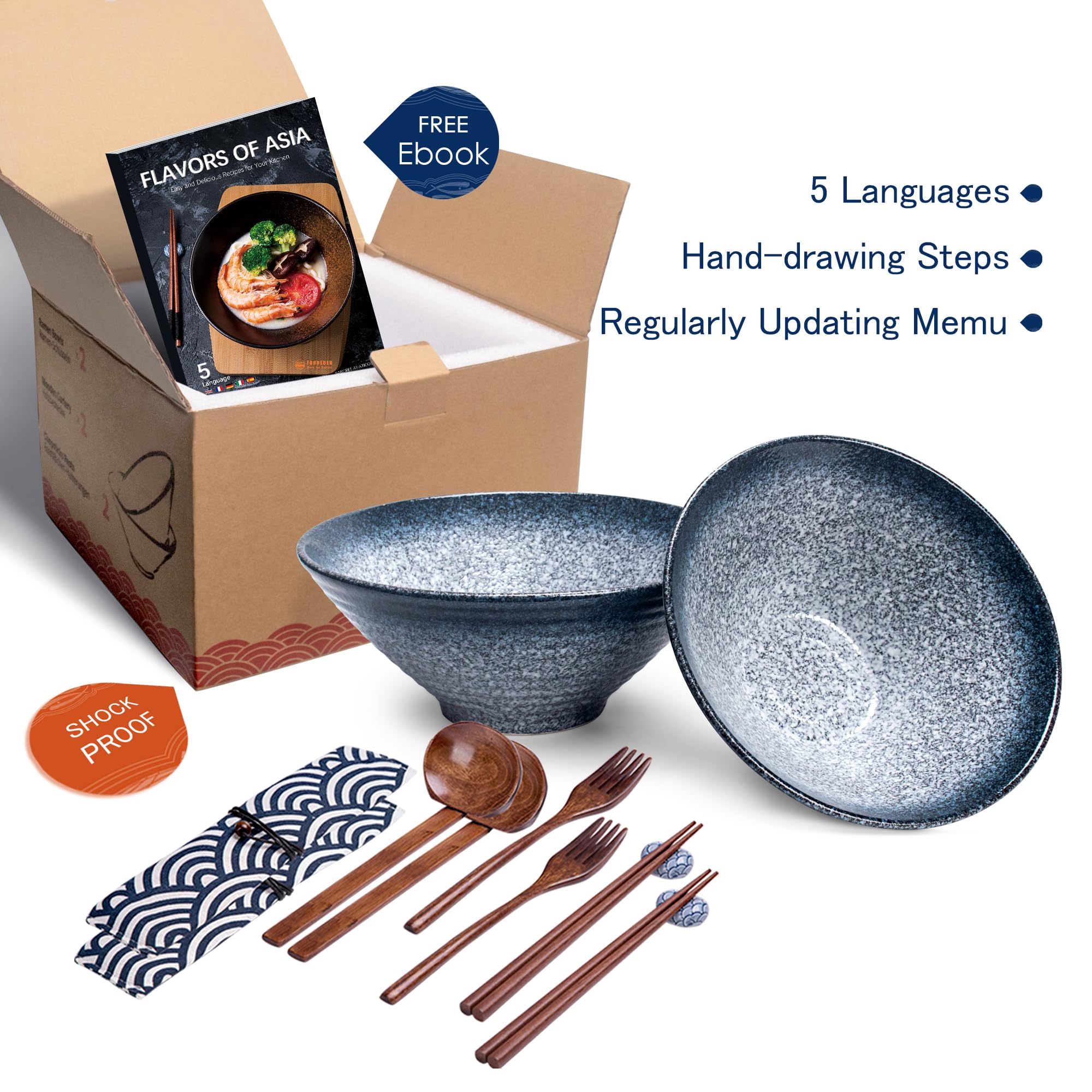 Ciotola Ramen, 2 Set (14 Pezzi) Ciotola Grande Zuppa Ramen Ciotola, Cucchiaio e Bacchette Abbinati, Giapponesi Retrò ceramica Ciotola, per Riso/Insalata/Minestra/Cereali/Assortiti