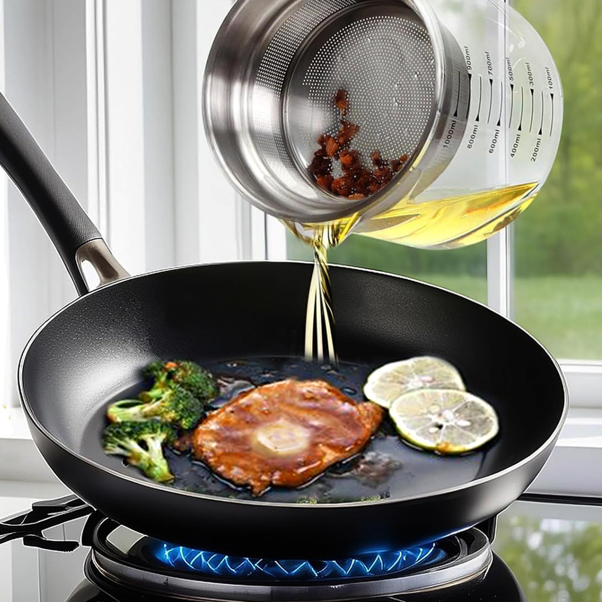 Botella de aceite de vidrio de 50 onzas, recipiente de grasa de tocino con colador, lata de almacenamiento de aceite de cocina con filtro de malla fina y escala, leche de nueces, leche de soja,