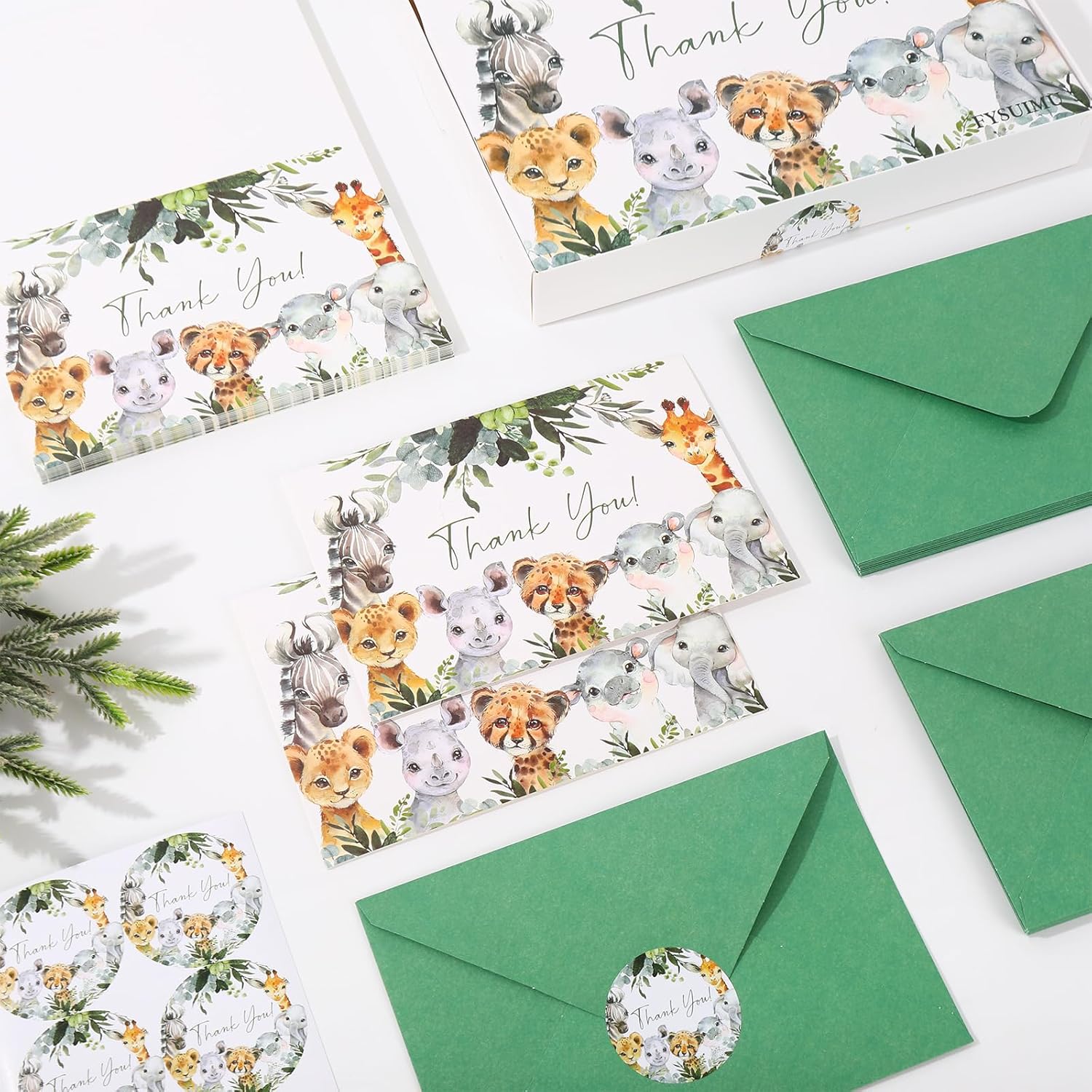 ジャングルアニマルサンキューカード 水彩サファリグリーティングカード 森の生き物 ブランクノートカード 封筒とステッカー付き ベビー