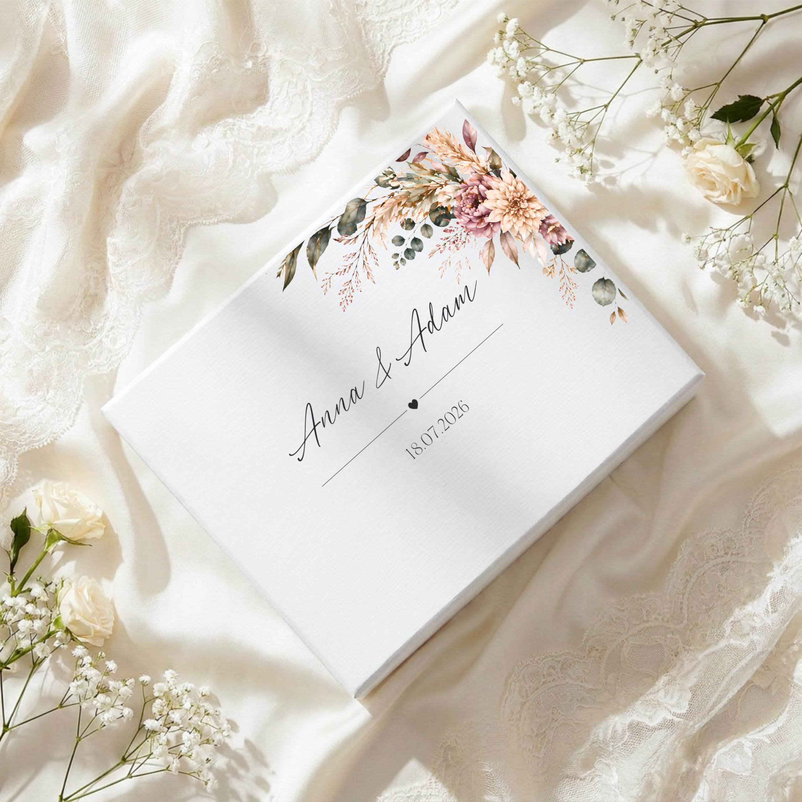 Creative DECO Personalizada Caja de Regalos Originales para los Novios Boda | Regalo Blanca | Caja Madera de Recuerdos Especiales | Parejas Aniversario Matrimonio | Motivo Flores Nombres Fecha