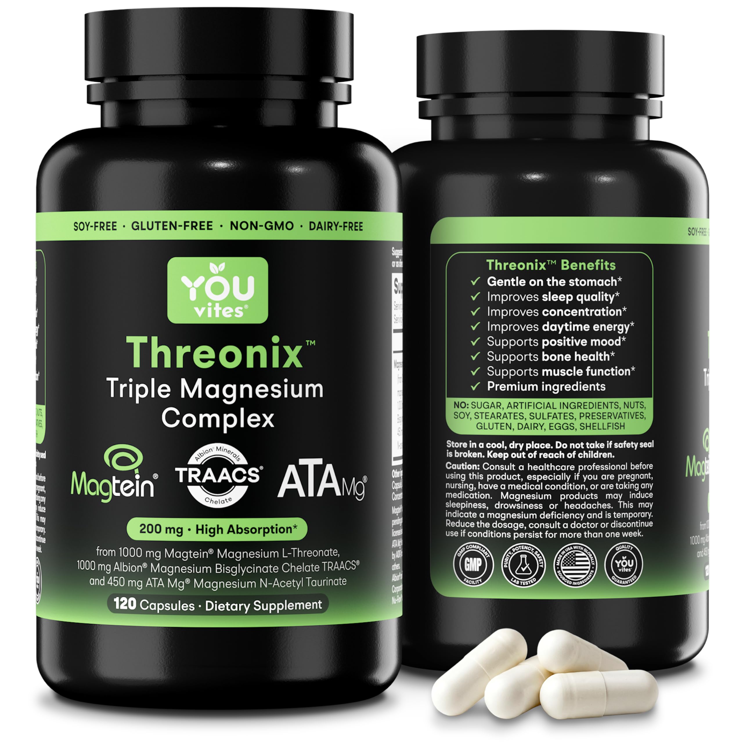 Threonix Triple Magnesium Complex - Magtein L-Threonate, Bisglycinate Chelate TRAACS & ATA Mg - Brain, Sleep, Mood & Focus Support - High Absorption, Gentle on Stomach - 120 Capsules