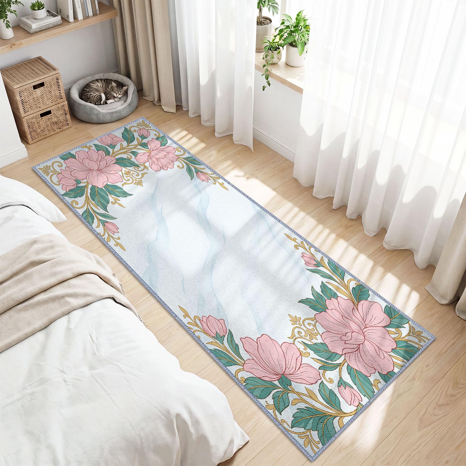 Alfombra antideslizante lavable con diseño de plantas clásicas francesas